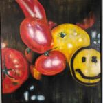 1 'Franse tomaten' 100x120cm acryl, olieverf en spuitbus op plaat in zwarte baklijst, door Nathalie Silverentand, lenen voor € 5 per maand; te koop voor € 595,=