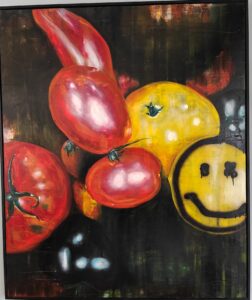 1 'Franse tomaten' 100x120cm acryl, olieverf en spuitbus op plaat in zwarte baklijst, door Nathalie Silverentand, lenen voor € 5 per maand; te koop voor € 595,=